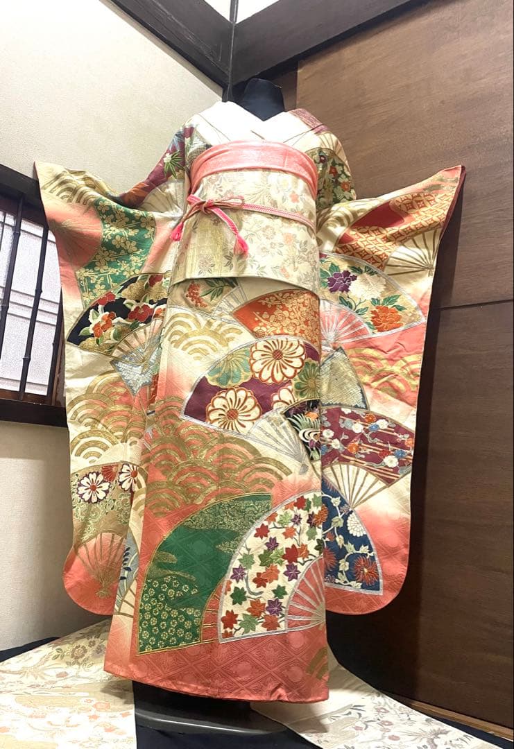 振袖フルセット6点サイズM〜Ｌ駒刺繍　扇面花文　暈し染め　金銀彩　金銀糸　正絹