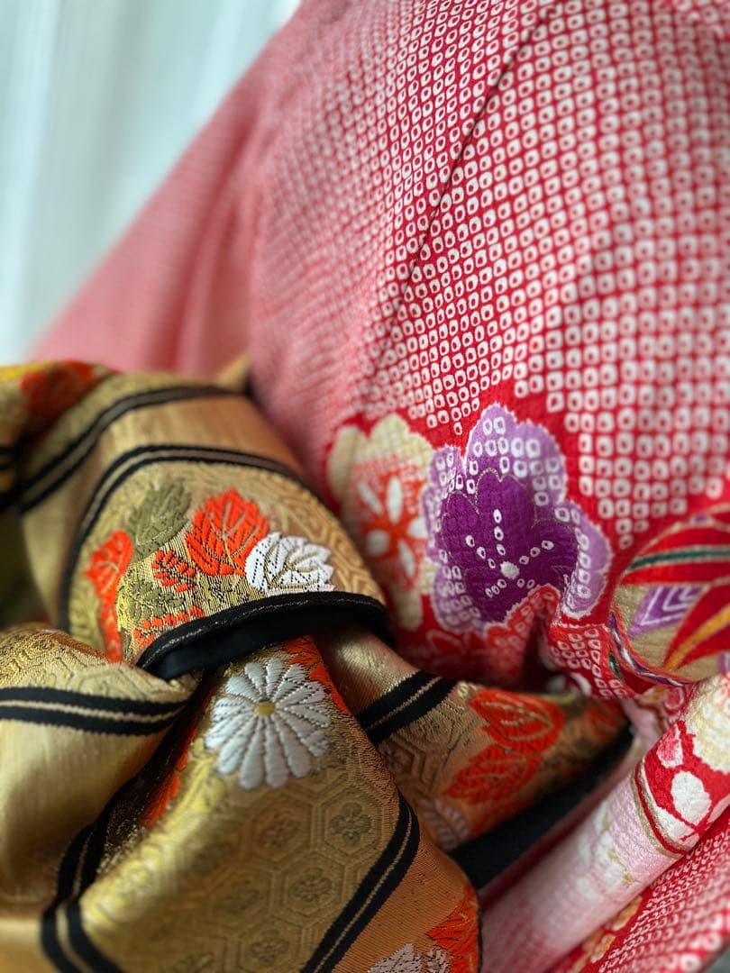 7歳七五三フルセット 赤×白×紫 絞り風花柄着物と立涌模様の帯