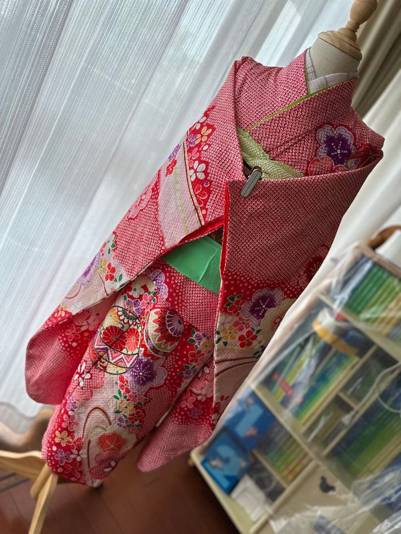 7歳七五三フルセット 赤×白×紫 絞り風花柄着物と立涌模様の帯