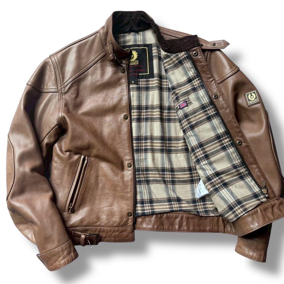 極美品 ベルスタッフ ライダース ロゴプレート チェック 牛革 コーデュロイ 茶