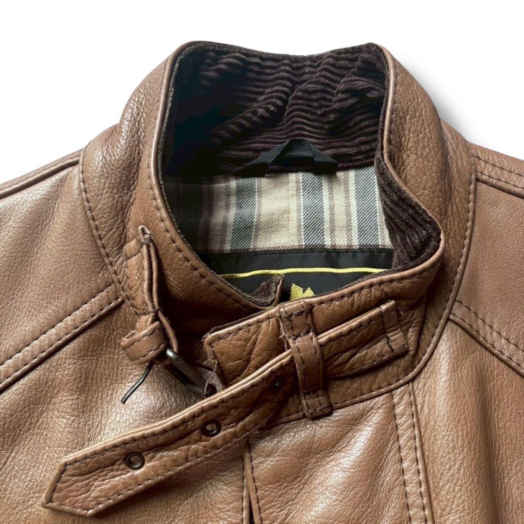 極美品 ベルスタッフ ライダース ロゴプレート チェック 牛革 コーデュロイ 茶