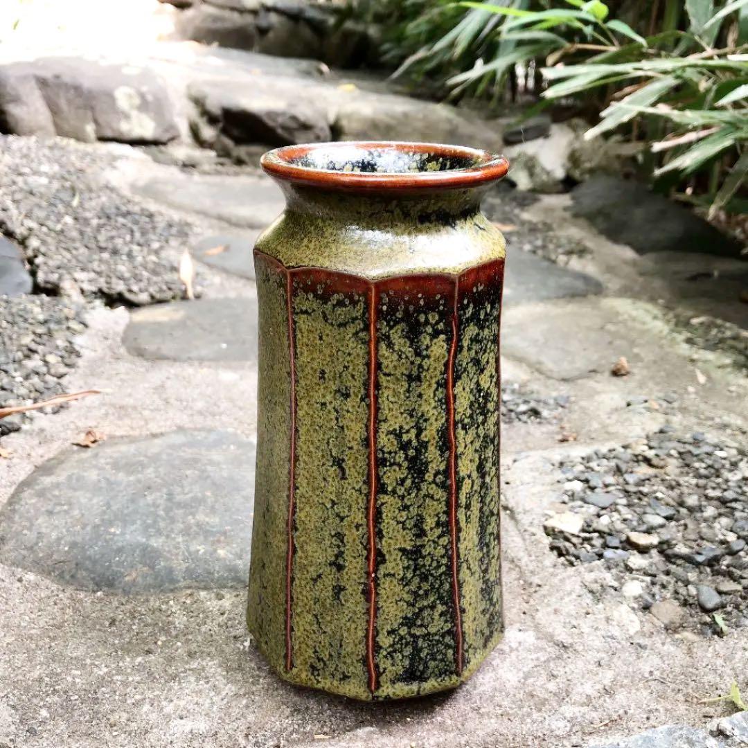 値下げ！骨董 古道具 丹波立杭焼 雅峰窯 窯変面取花器 花入れ　花瓶