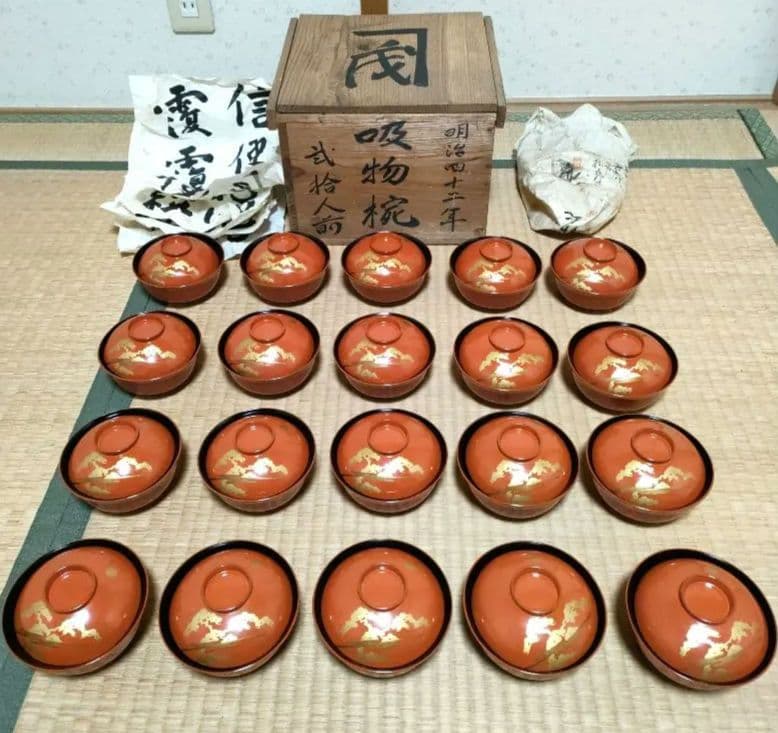 明治42年 吸物椀 20客 外朱内黒 金蒔絵 共箱付 漆器 金彩 時代物 汁椀