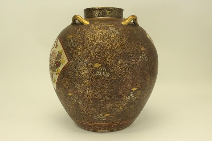 薩摩 連山 金彩 百花紋 四耳壷(A634)