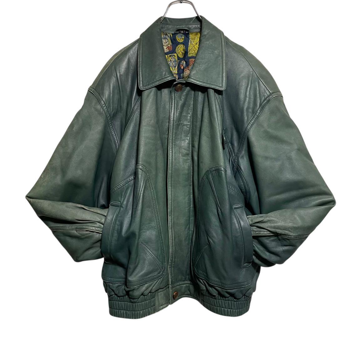 極希少【vintage】羊革ラムスキンシングルライダースジャケット グリーンXL
