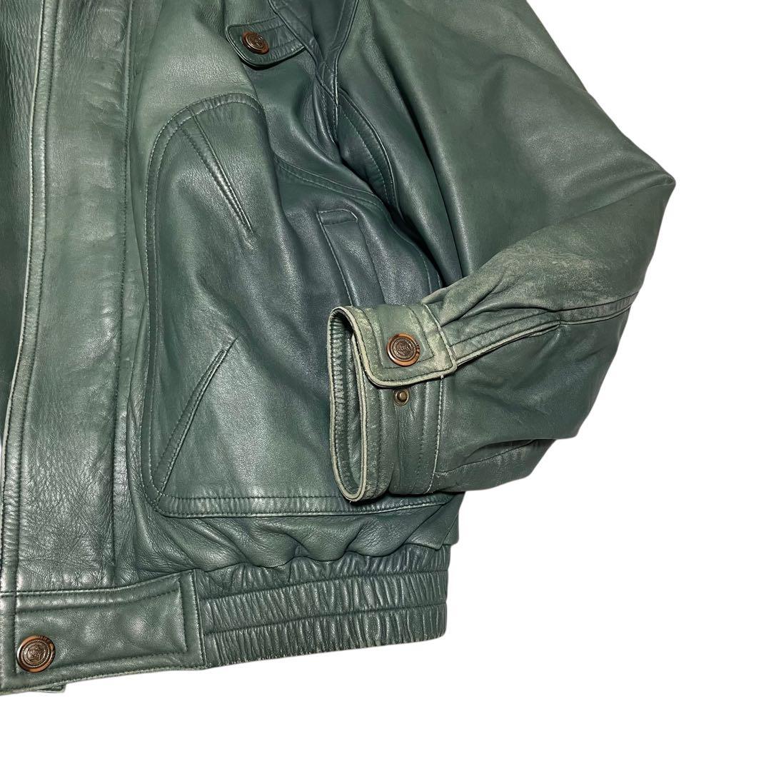 極希少【vintage】羊革ラムスキンシングルライダースジャケット グリーンXL