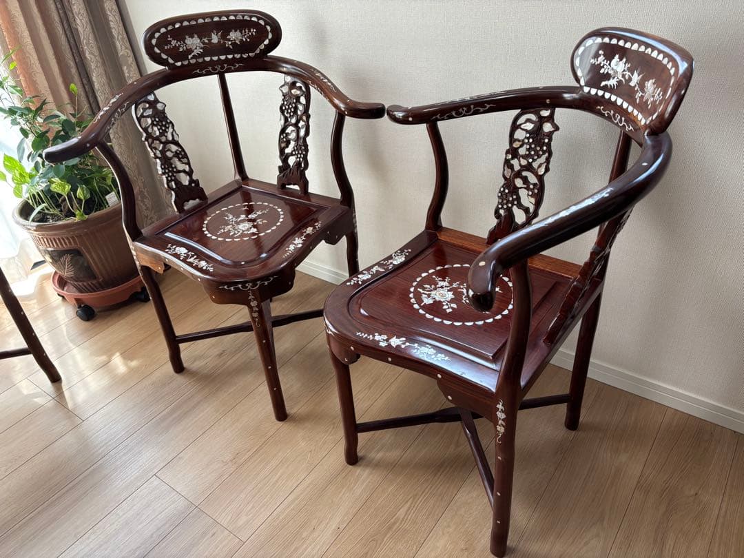 【セット②：椅子2脚組】唐木家具 螺鈿細工 チェア ※机別売
