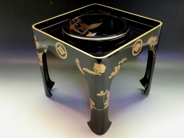 盃洗■定紋付黒杯洗 黒釜老檜盃洗司花田 江戸期 木箱 酒器 漆器 時代物 骨董■