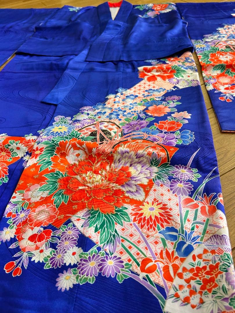 七五三　7歳　着物帯セット　正絹　レトロ　青色系