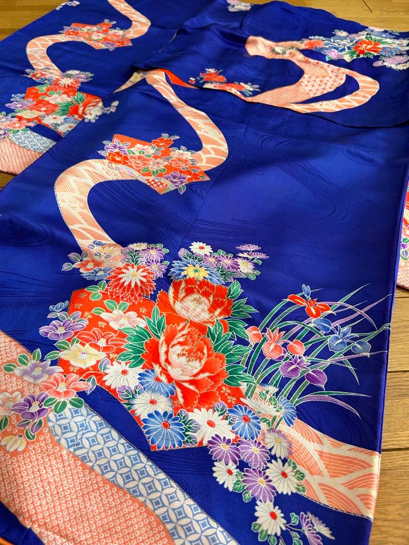 七五三　7歳　着物帯セット　正絹　レトロ　青色系