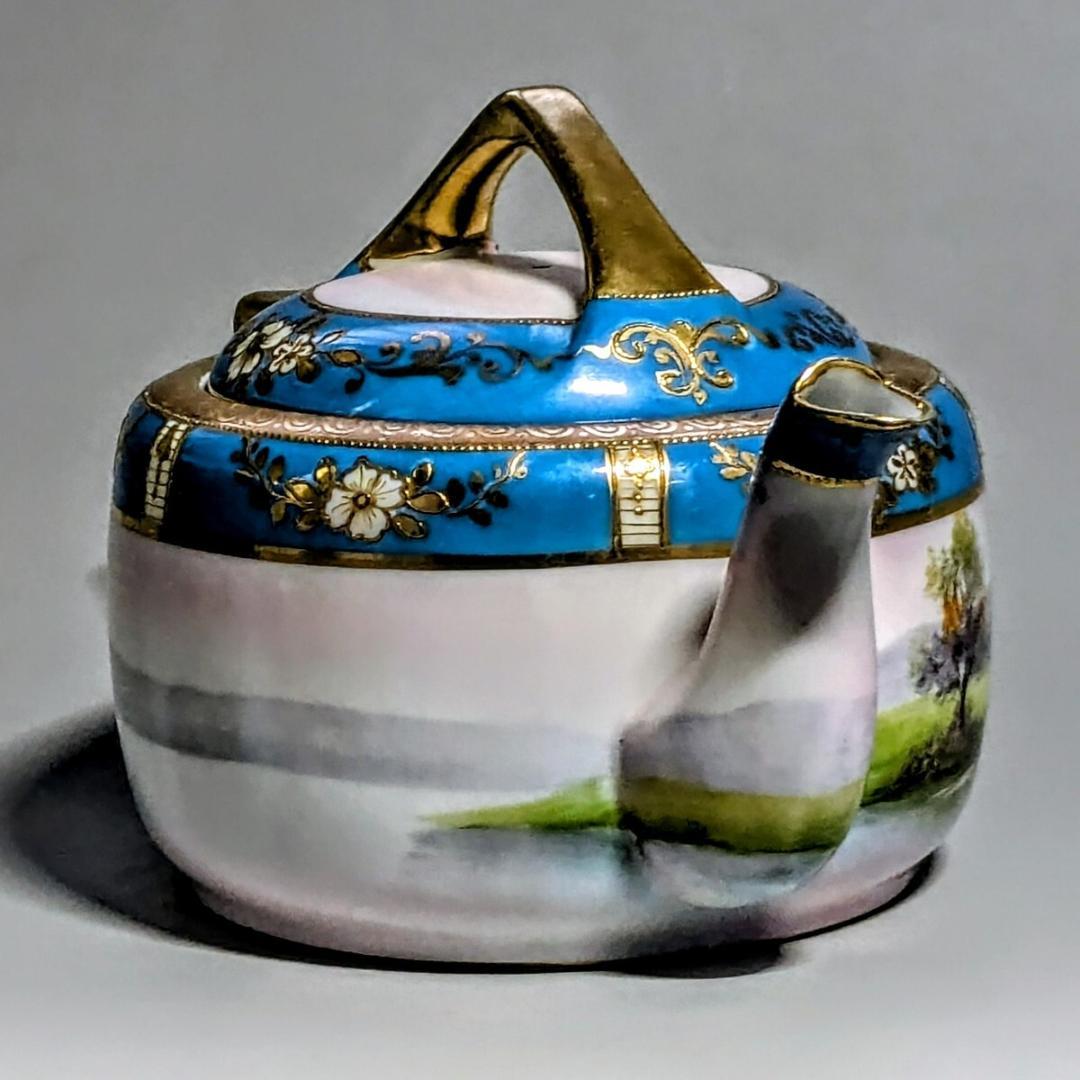 オールドノリタケ ポット ターコイズ 湖畔風景白鳥図 　金彩金盛上 有名パターン