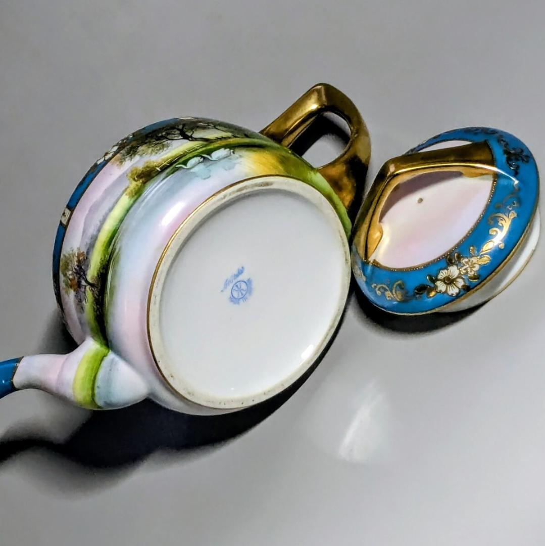 オールドノリタケ ポット ターコイズ 湖畔風景白鳥図 　金彩金盛上 有名パターン