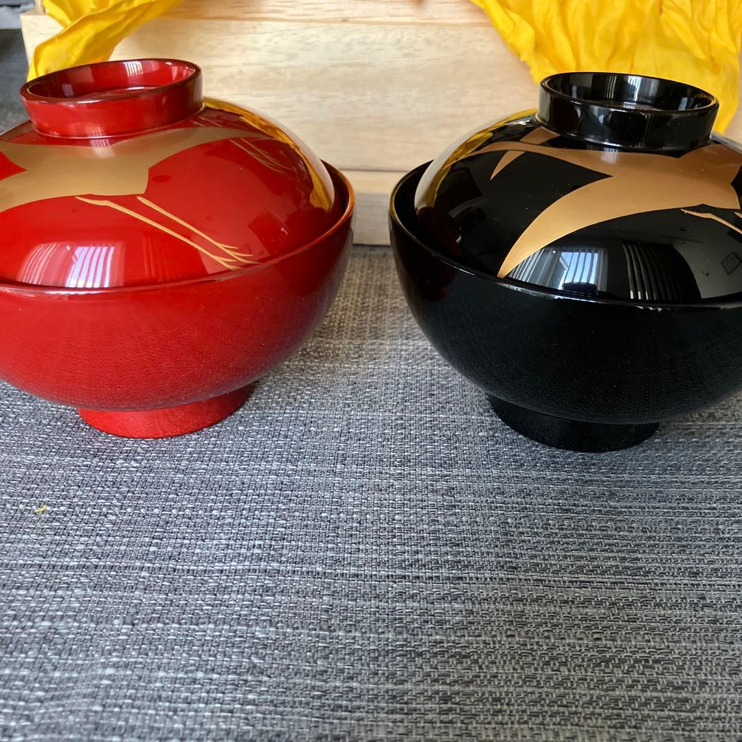 未使用　輪島塗　高州堂　蓋付　夫婦椀　鶴