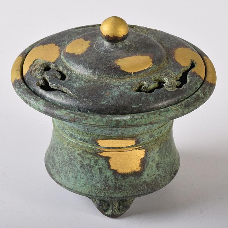 平安　秦蔵六造　塗金銅香炉　「瑞雲」　共箱　G　R8430