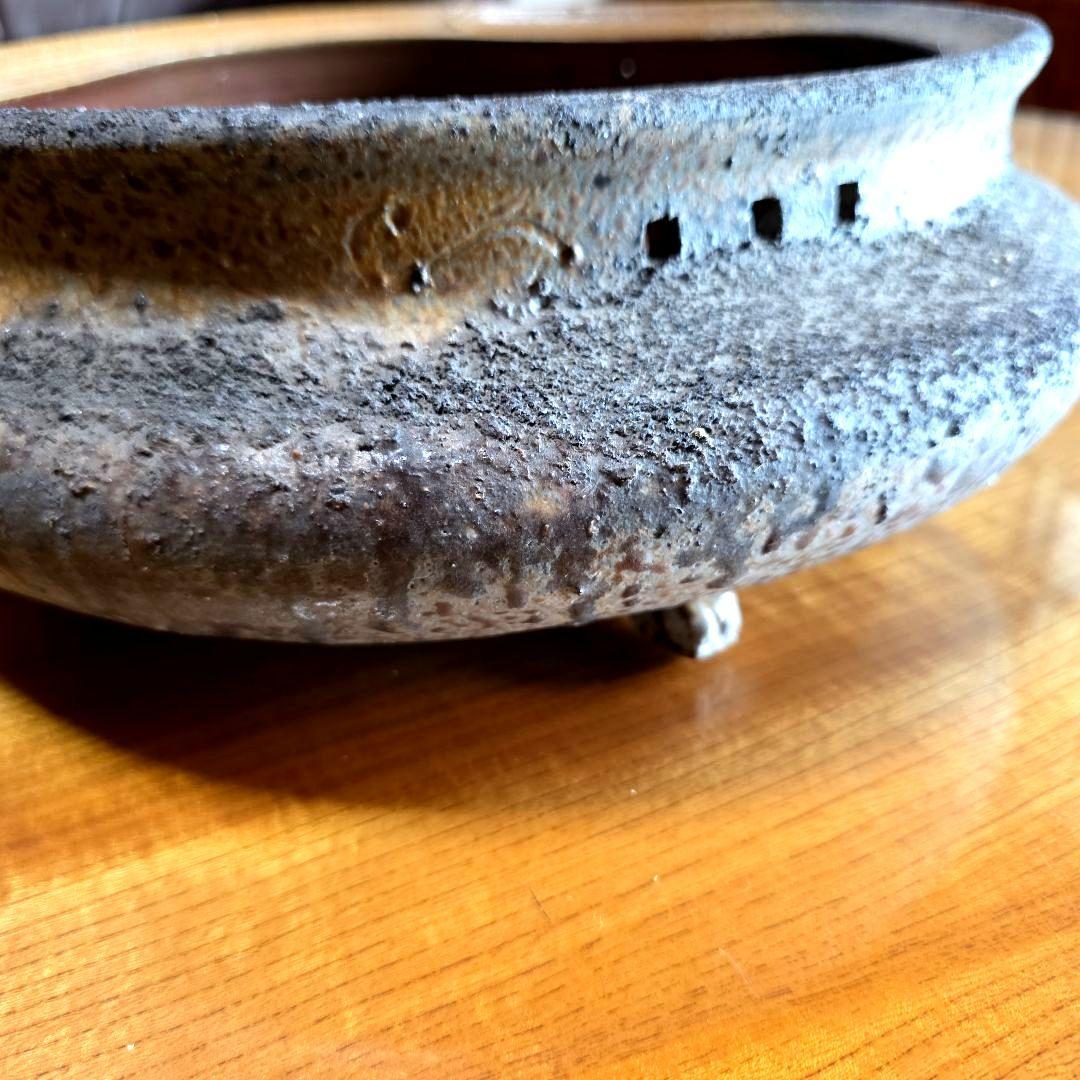 備前焼　藤原陶臣作　三点猫足/三つ足付　水盤　花器　花生