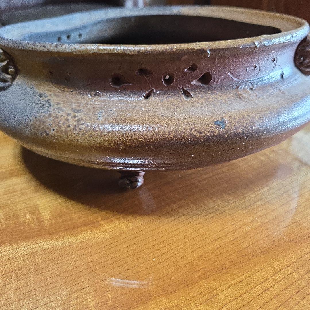 備前焼　藤原陶臣作　三点猫足/三つ足付　水盤　花器　花生