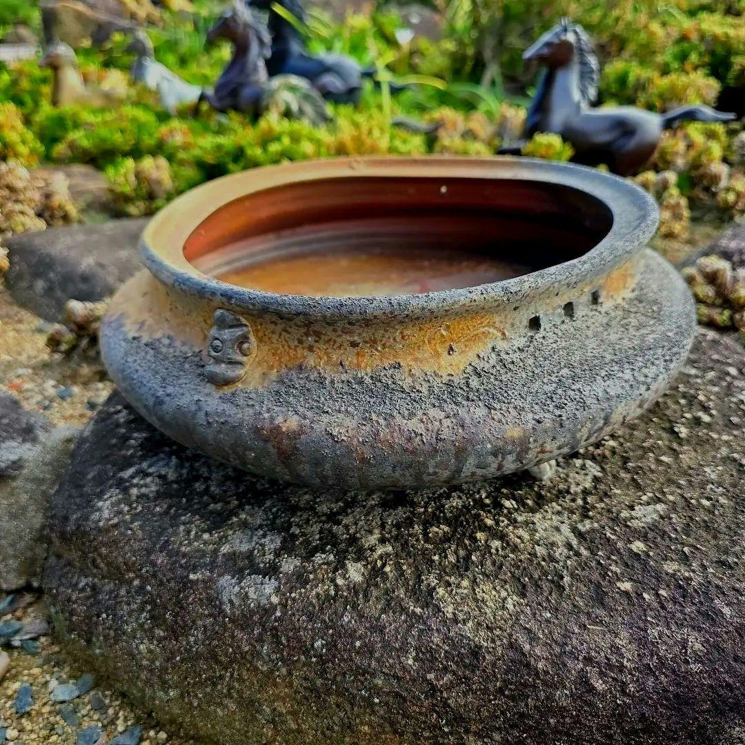 備前焼　藤原陶臣作　三点猫足/三つ足付　水盤　花器　花生