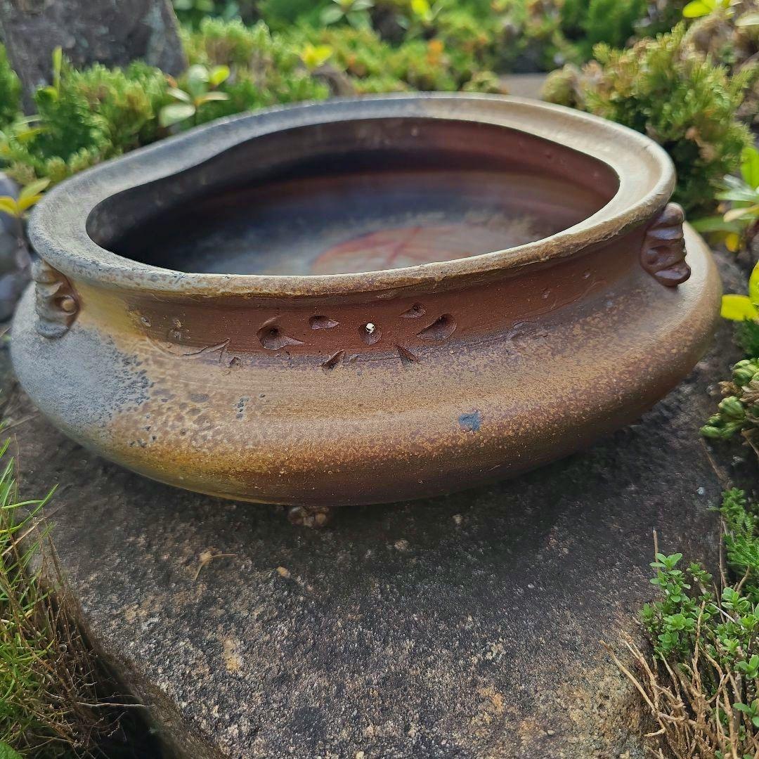 備前焼　藤原陶臣作　三点猫足/三つ足付　水盤　花器　花生