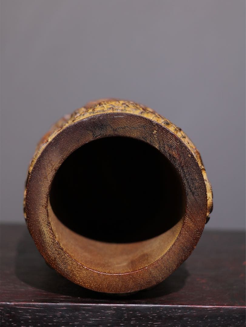 珍蔵　文房具　筆筒 天然　双龍　竹彫り　時代物　文房具　古美術　インテリア　美品