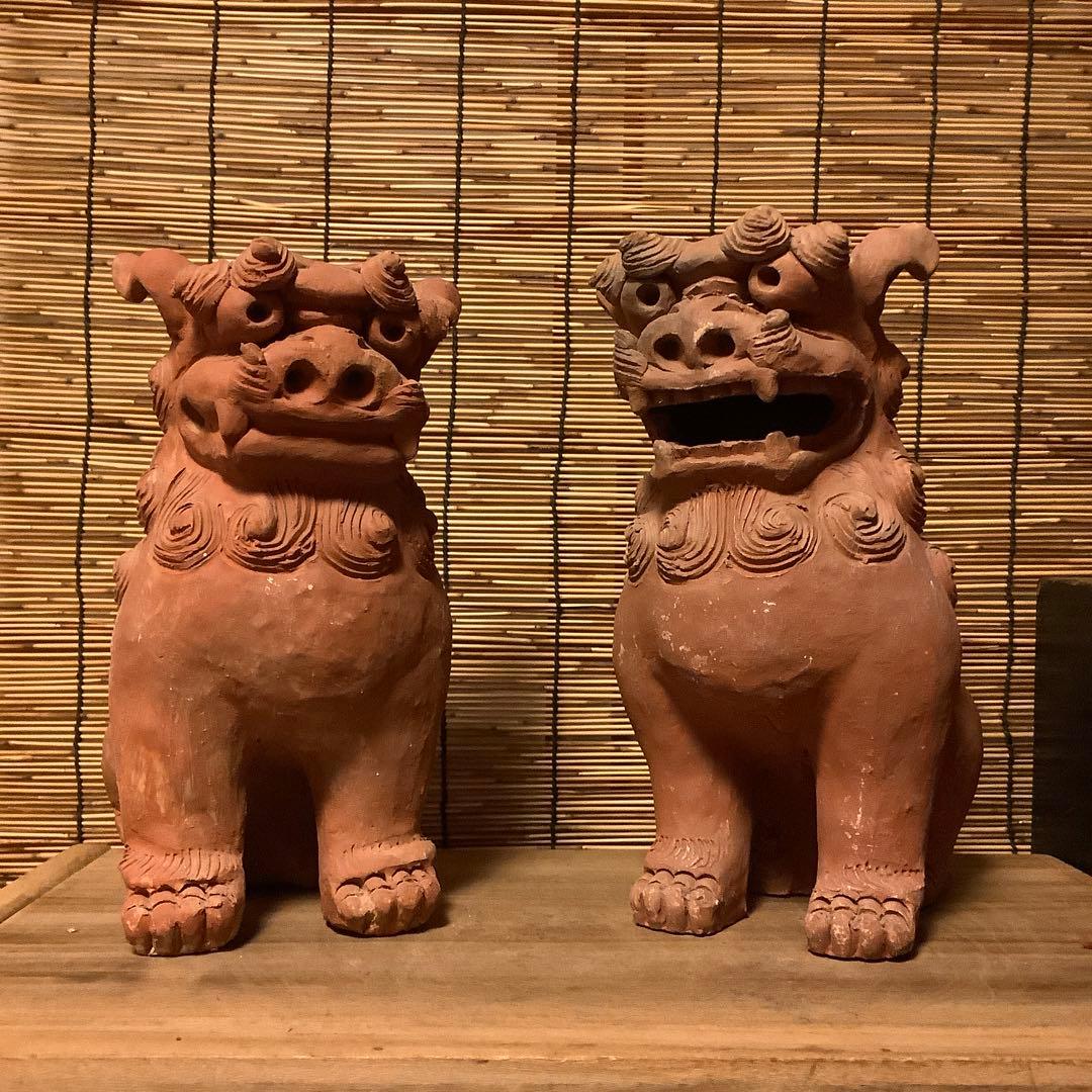 沖縄・名工「新垣榮用・壺屋焼シーサー」狛犬・榮用窯・荒焼・手ひねり・阿吽・銘刻印