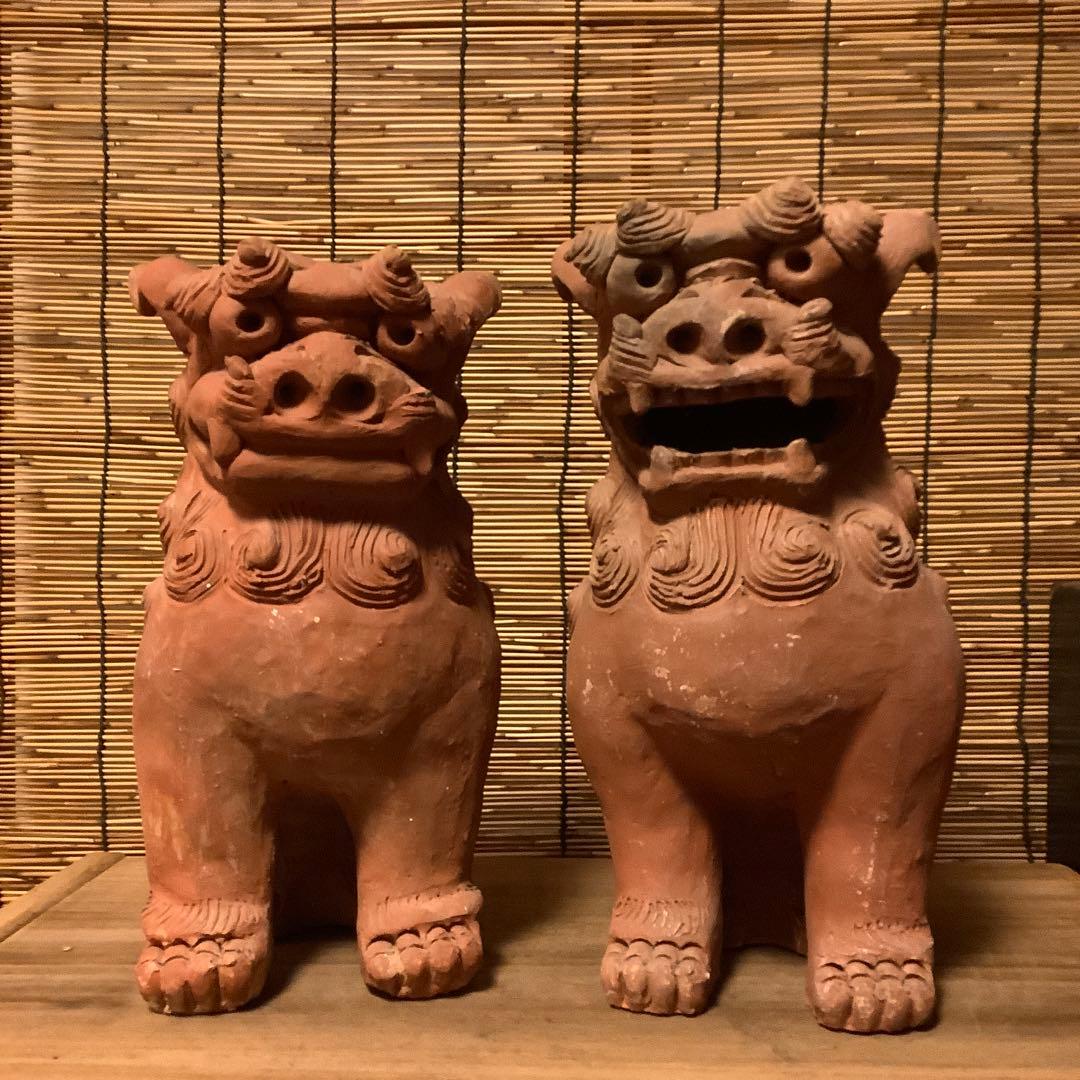 沖縄・名工「新垣榮用・壺屋焼シーサー」狛犬・榮用窯・荒焼・手ひねり・阿吽・銘刻印