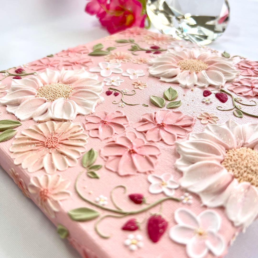 テクスチャーアート　絵画　インテリアアート　立体　花　絵　いちご　北欧　イチゴ