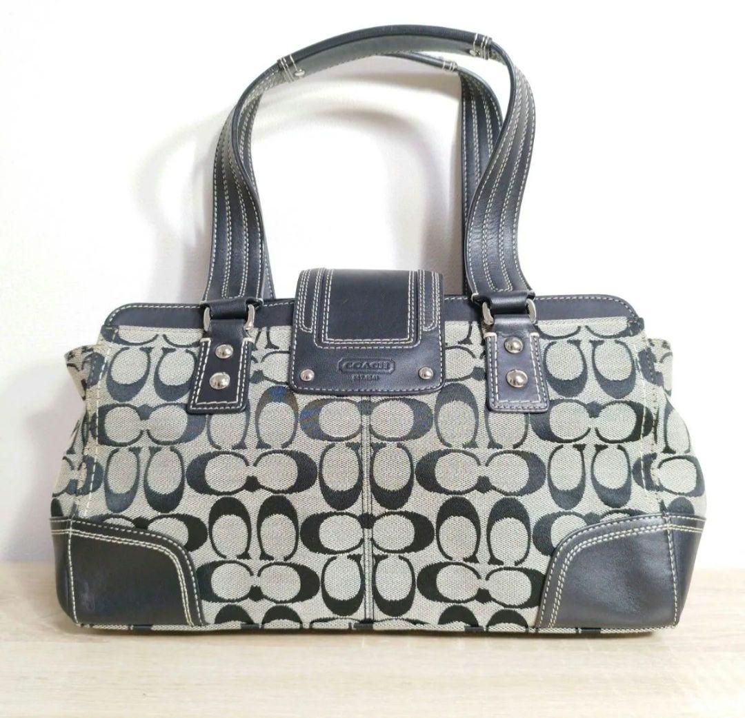 COACH コーチ シグネチャー ハンドバッグ キャンバス レザー ブラック