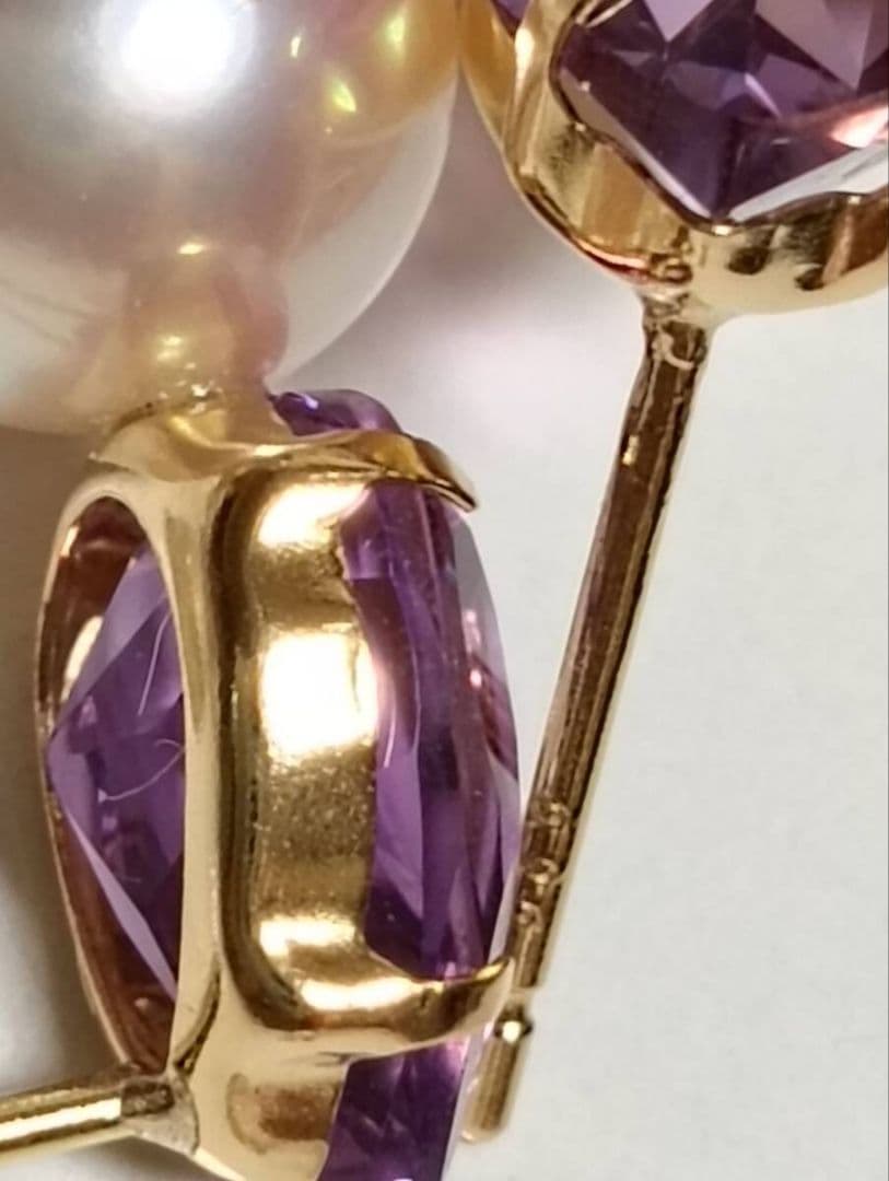 高級品　オーロラ花珠級あこや本真珠　ピアス　テリテリ　アメジストK18　可愛い