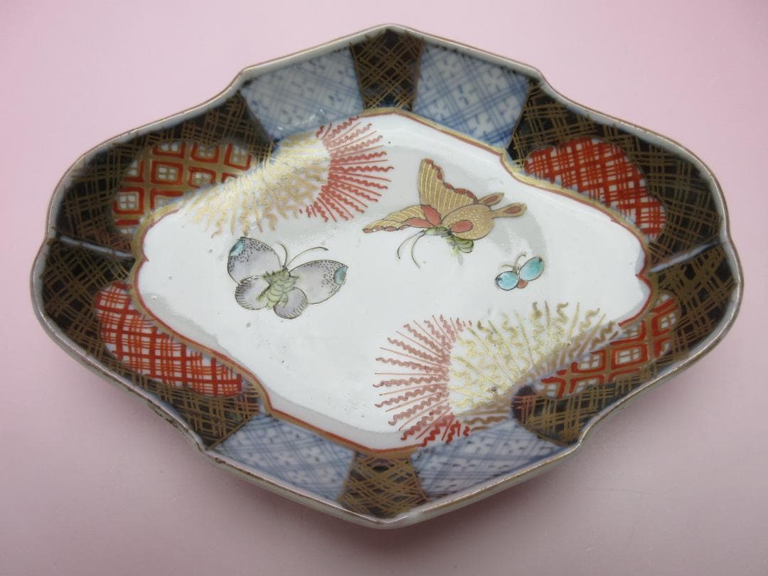 時代 色絵 菱形 蝶紋 刺身皿 向付 5客 アンティーク 古伊万里 70506