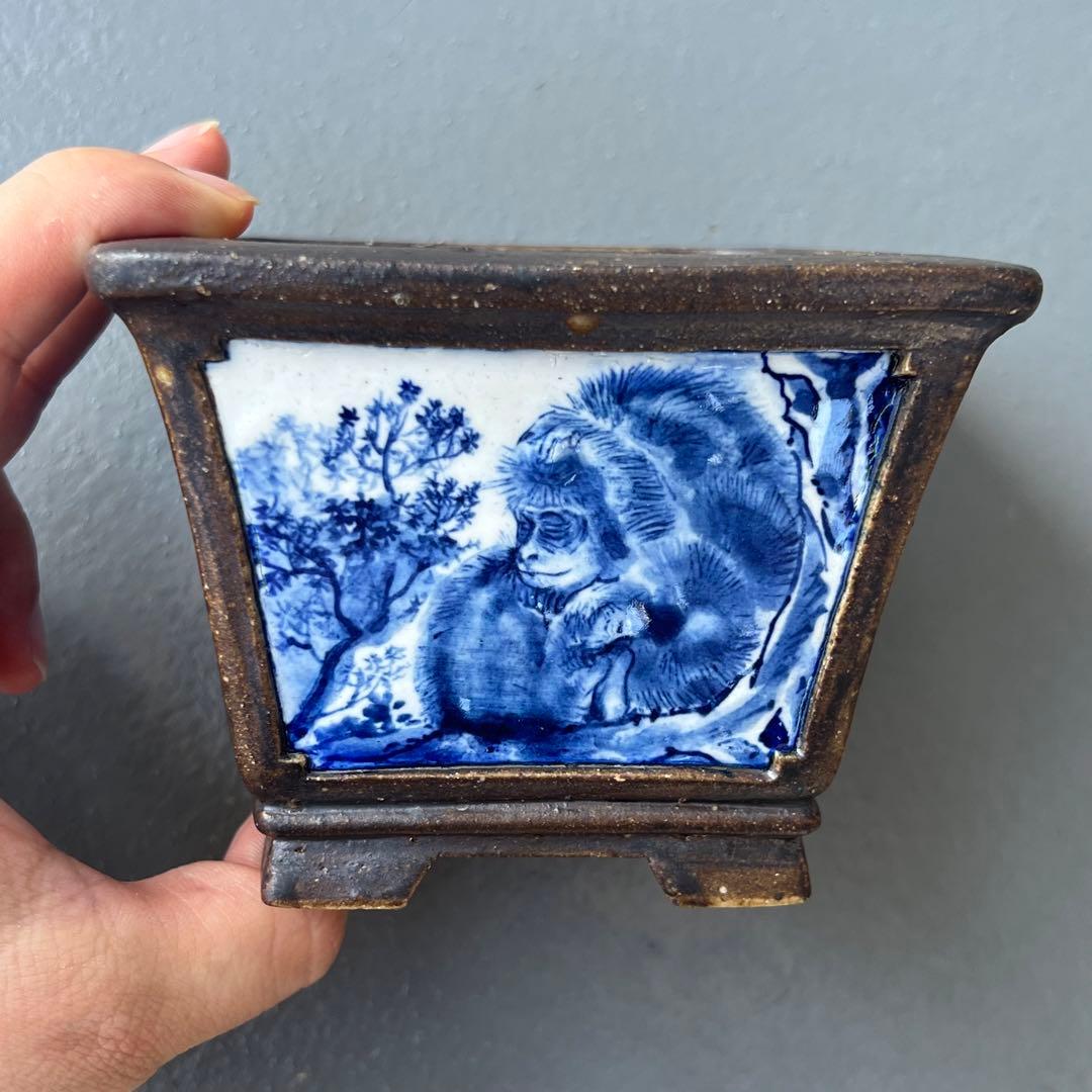 828.余悦余快 染付正方 現代小鉢作家展絵付の部金賞作家 盆栽鉢 植木鉢