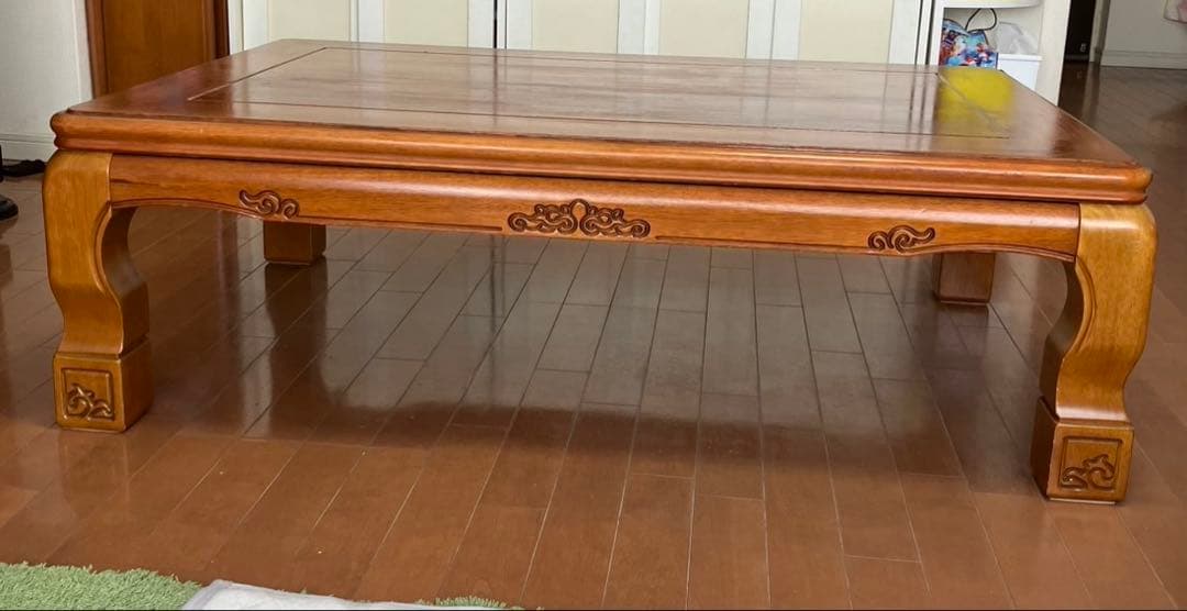 値下げ可○木製 ダークブラウン こたつテーブル 彫刻入り