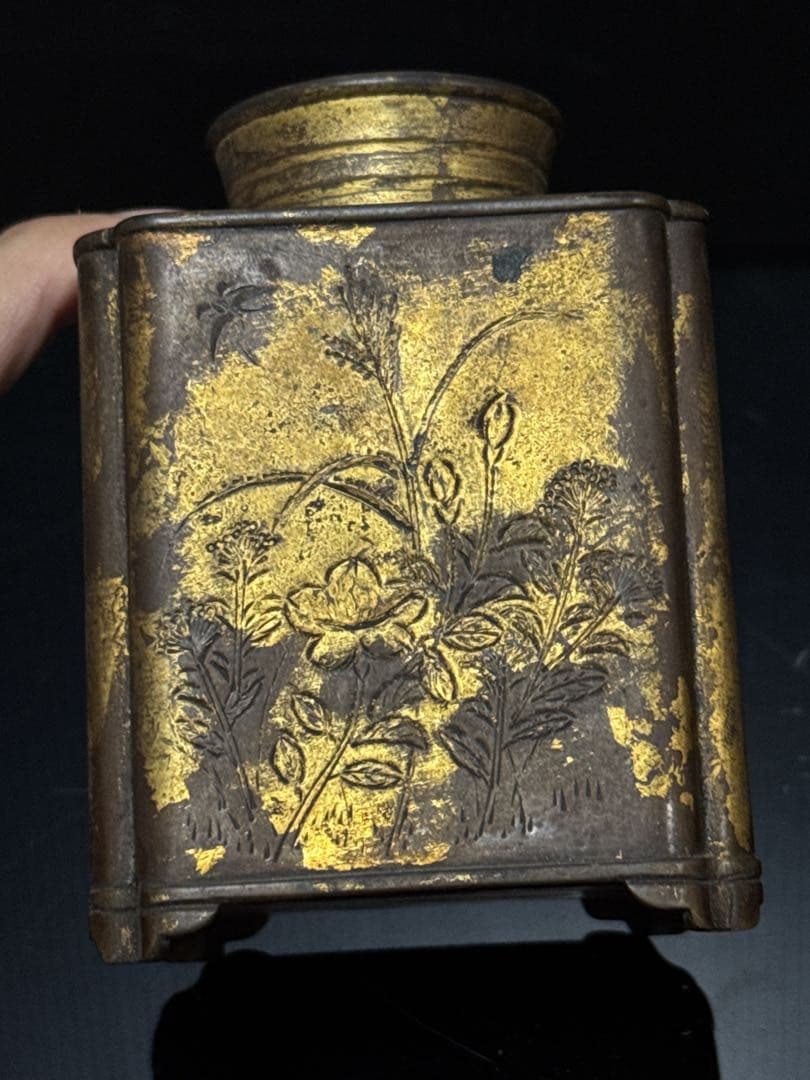 極上 平安 金星堂 造 古銅製 鍍金草華紋 四方型 茶壷 茶入 桐箱付