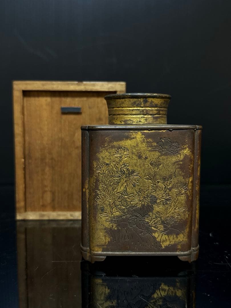 極上 平安 金星堂 造 古銅製 鍍金草華紋 四方型 茶壷 茶入 桐箱付