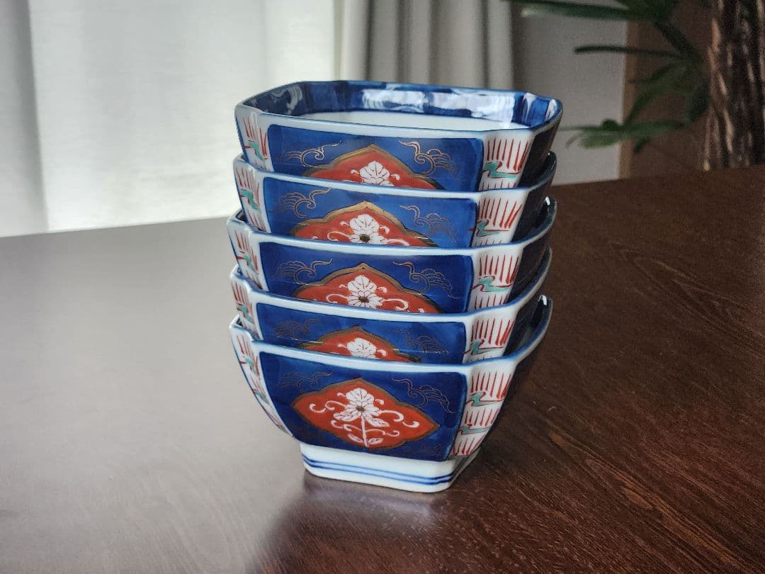 嘉泉窯　三川内焼　有田焼　古伊万里　糸切り　角小鉢　手描き　金襴手　5客