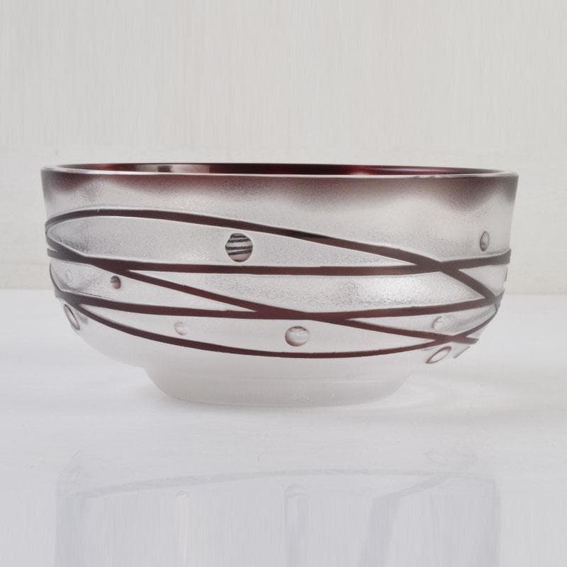 ガラス工芸　荒木良忠作　玻璃彫刻　銅赤流水文　菓子鉢　共箱　C　9187