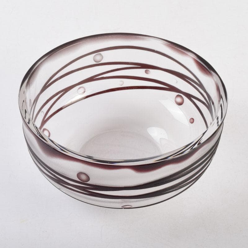 ガラス工芸　荒木良忠作　玻璃彫刻　銅赤流水文　菓子鉢　共箱　C　9187