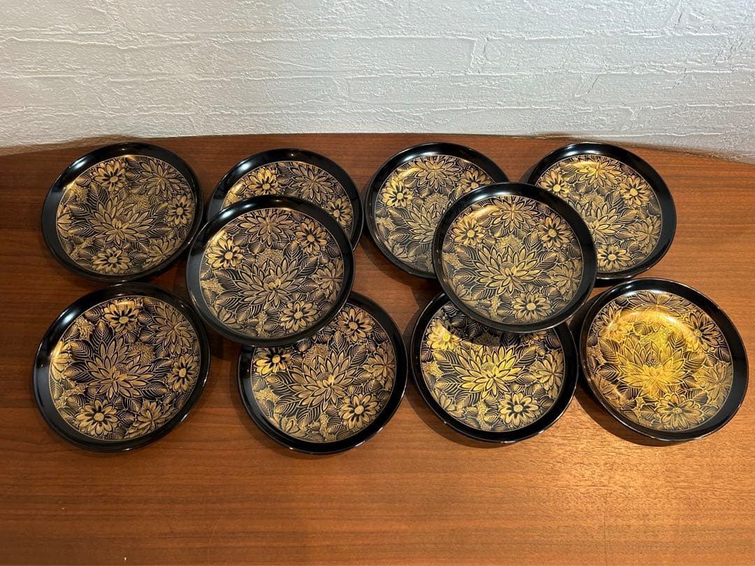 最終値下げ　輪島塗　沈金蒔絵　菊花草　黒塗り　菓子皿　銘々皿　10客セット