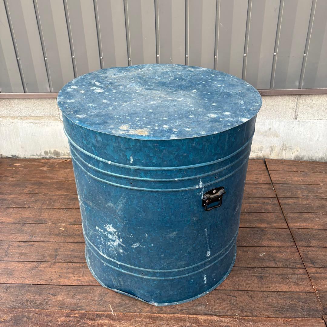昭和レトロ ブリキ製 円筒形収納ボックス 大型収納ケース フタ付き ビンテージ青