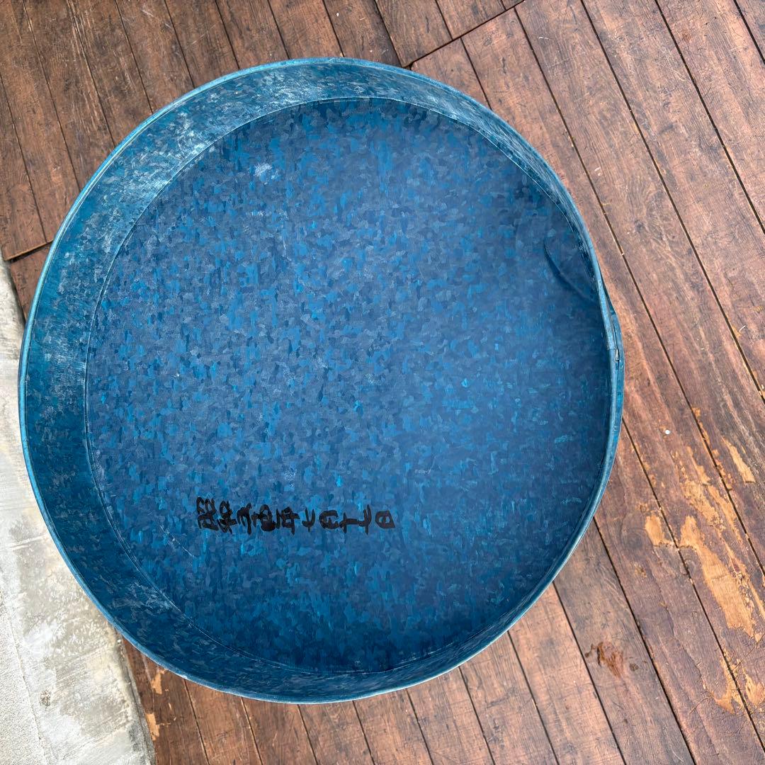 昭和レトロ ブリキ製 円筒形収納ボックス 大型収納ケース フタ付き ビンテージ青