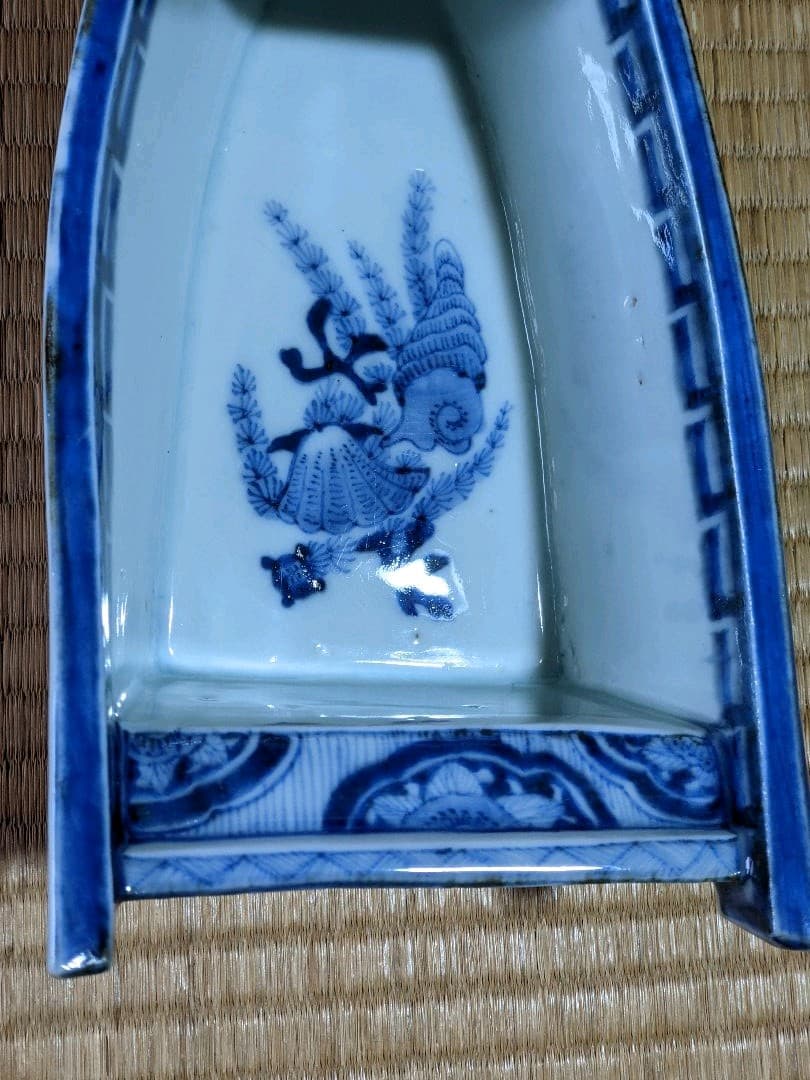 ♦江戸時代 瀬戸焼磁器 染付波千鳥貝尽くし紋 船 盃洗 骨董品 遺品少数レア物