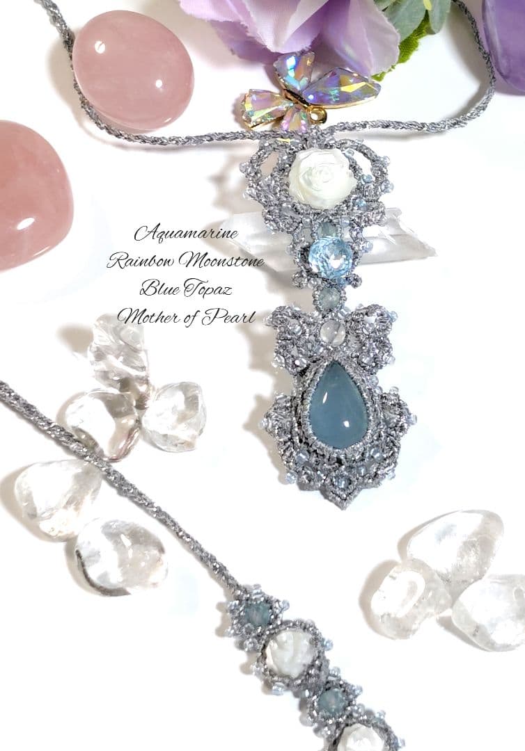 ☆アクアマリン　ブルートパーズ　レインボームーンストーンマクラメネックレス