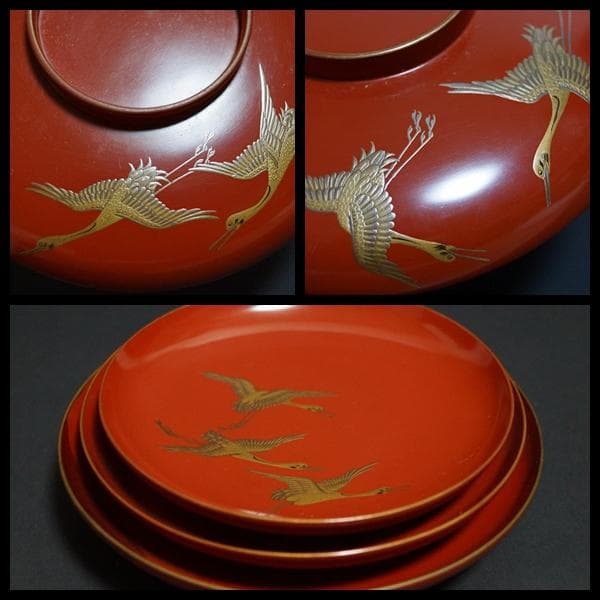 明治期 輪島塗 極上 金蒔絵『飛鶴』 盃台/三ツ組盃 揃 木製漆塗り 箱付時代物