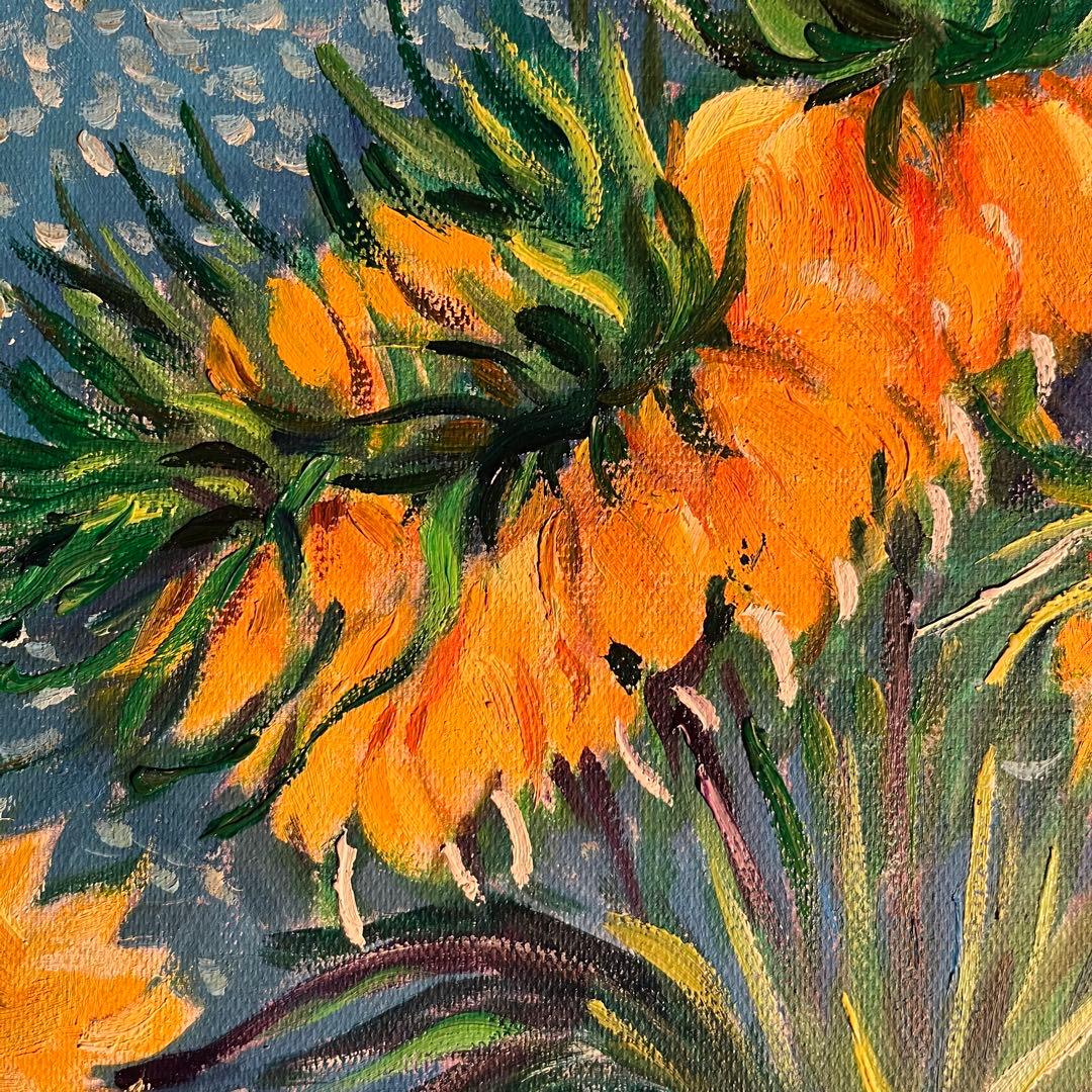 ★秀作★ 手書き油絵 ゴッホ 銅の花瓶のアミガサユリ 額付 肉筆絵画 油彩画