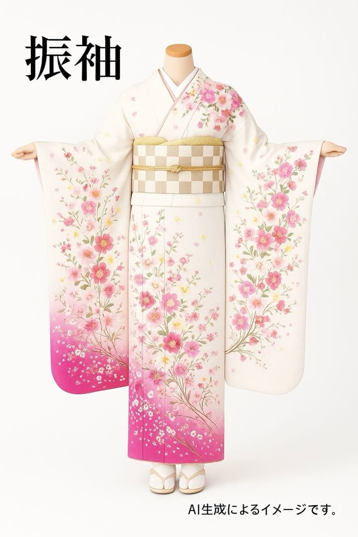 ［振袖］正絹　やわらかい白　ぼかし　桜　菊　草花　毬　流水　地紋　ママ振り