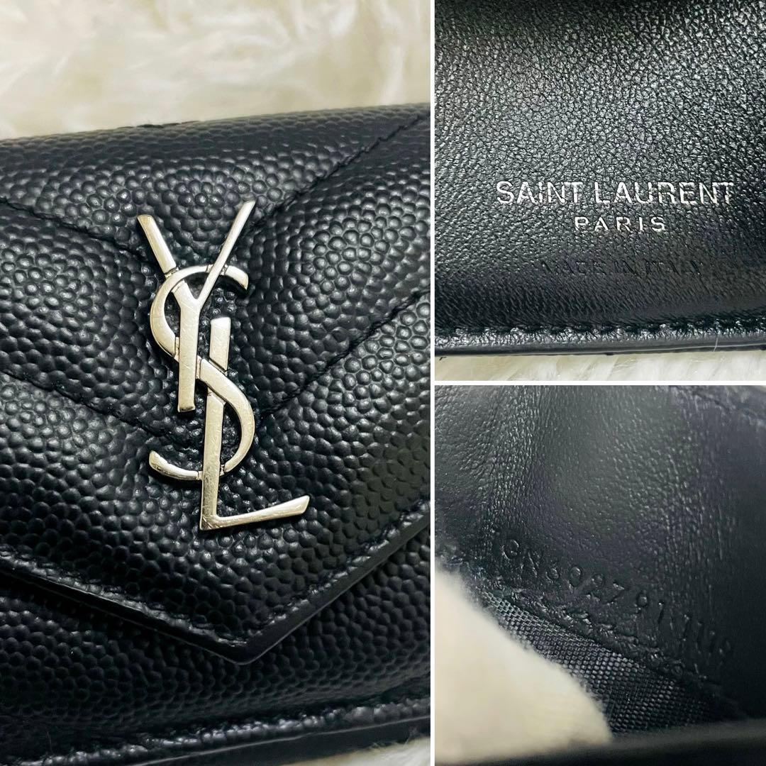 極美✨サンローラン 三つ折り財布 Vステッチ カサンドラ レザー 黒