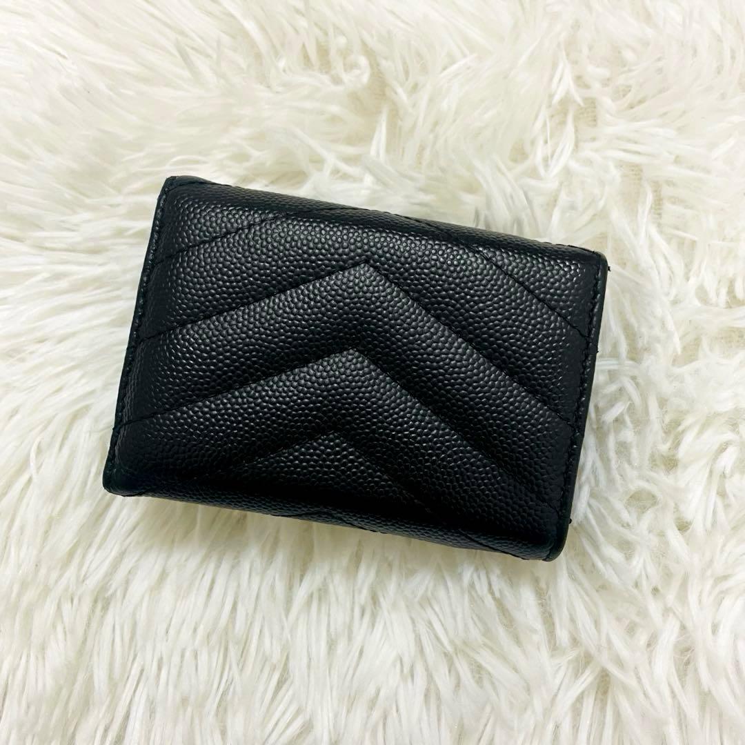 極美✨サンローラン 三つ折り財布 Vステッチ カサンドラ レザー 黒