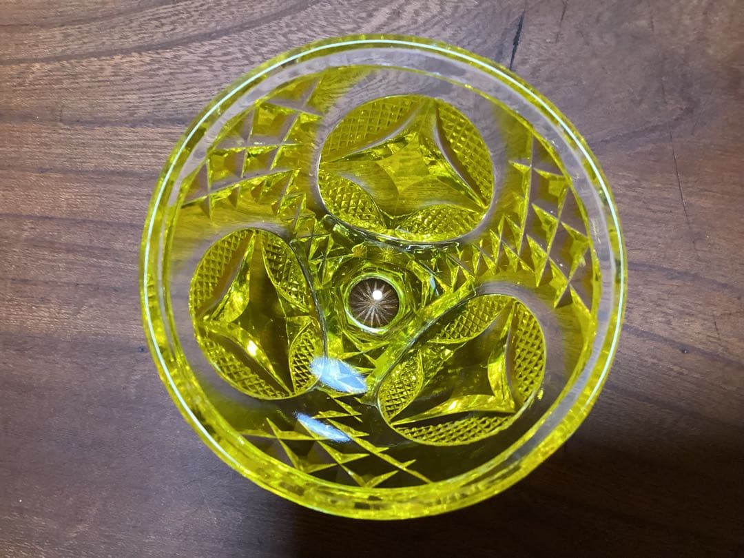 薩摩切子　色被グラス　脚付猪口　2個セット　黄　創作島津　刻印あり　酒杯ぐい呑