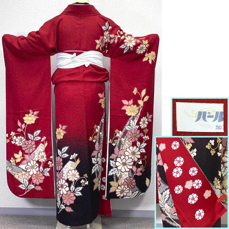 511z46〇小柄な方にも 金通し 振袖 金彩 花 赤 黒〇美品 成人式 結婚式