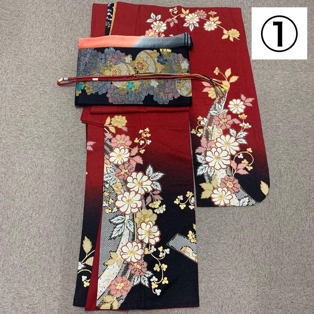 511z46〇小柄な方にも 金通し 振袖 金彩 花 赤 黒〇美品 成人式 結婚式