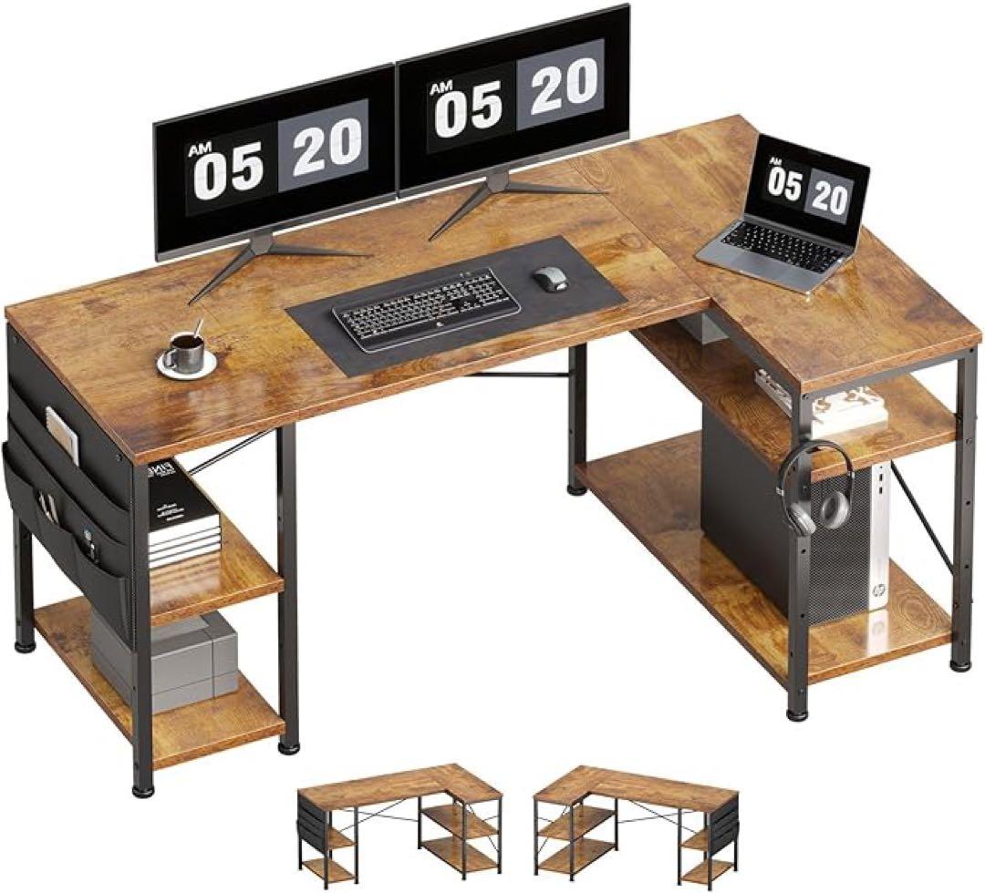 お洒落なブラウン木目調◆L字型パソコンデスク 収納付き 130cm